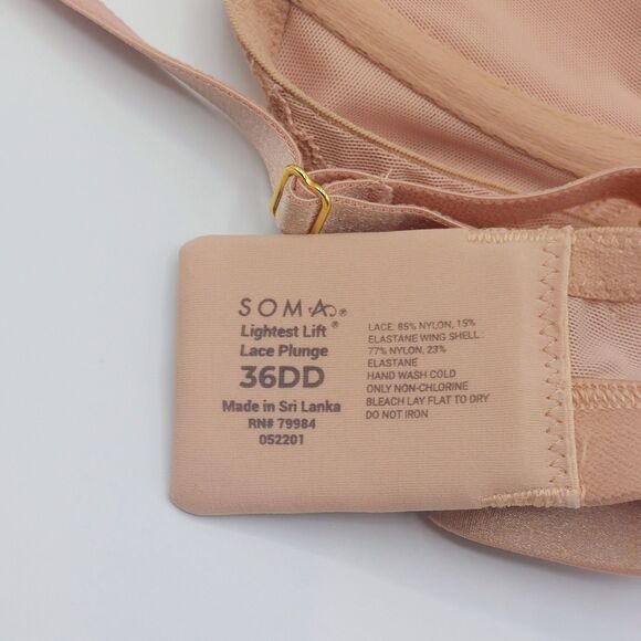 Soma Lightest Lift Lace Plunge Bra Size 36DD Nude Underwire Adjustable Straps - Picture 5 of 6